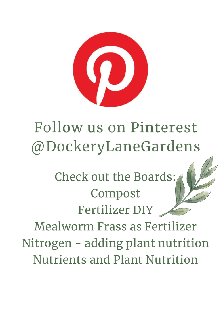 a flyer sharing pinterest account @dockerylanegardens. check out boards: Compost, Fertilizer DIY, Mealworm Frass as Fertilizer, Nitrogen, and Nutrients. includes images of pineterest logo and  whimsical leaf sprig.